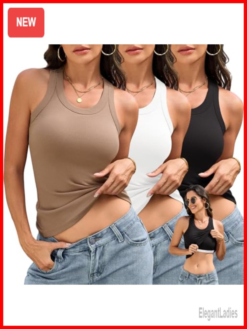 3 Pack Ribbed Tank Tops Built in Bra Racerback Womens Sleeveless
